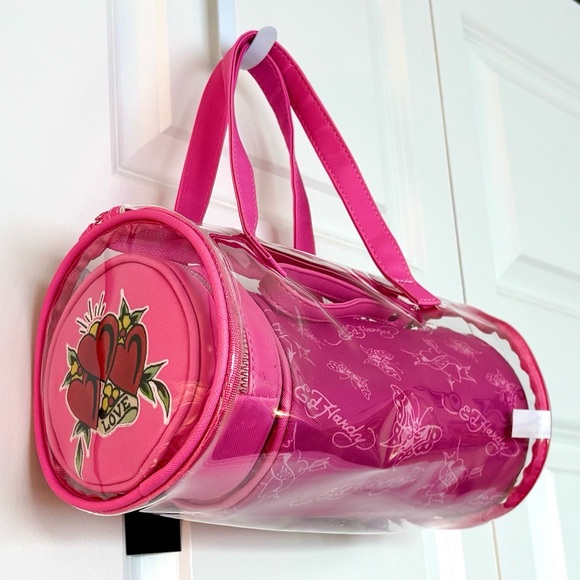 ED HARDY Transparent & Pink Skull PVC Barrel Shoulder Handbag - Picture 7 of 7